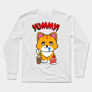 Cute orange cat is having coffee and cake Long Sleeve T-Shirt